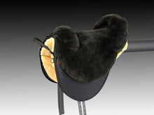 Load image into Gallery viewer, christ cloud special plus fur saddle, brown color, side view, black and white background