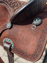 Load image into Gallery viewer, alamo saddlery geo aztec barrel , back flap and concho close up