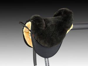 christ cloud special plus fur saddle, brown color, side view, black and white background