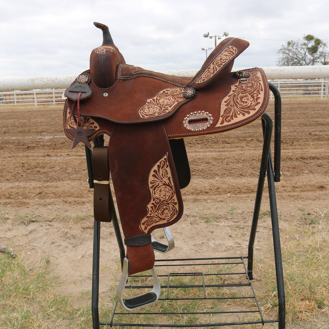 Side view of saddle on saddle rack