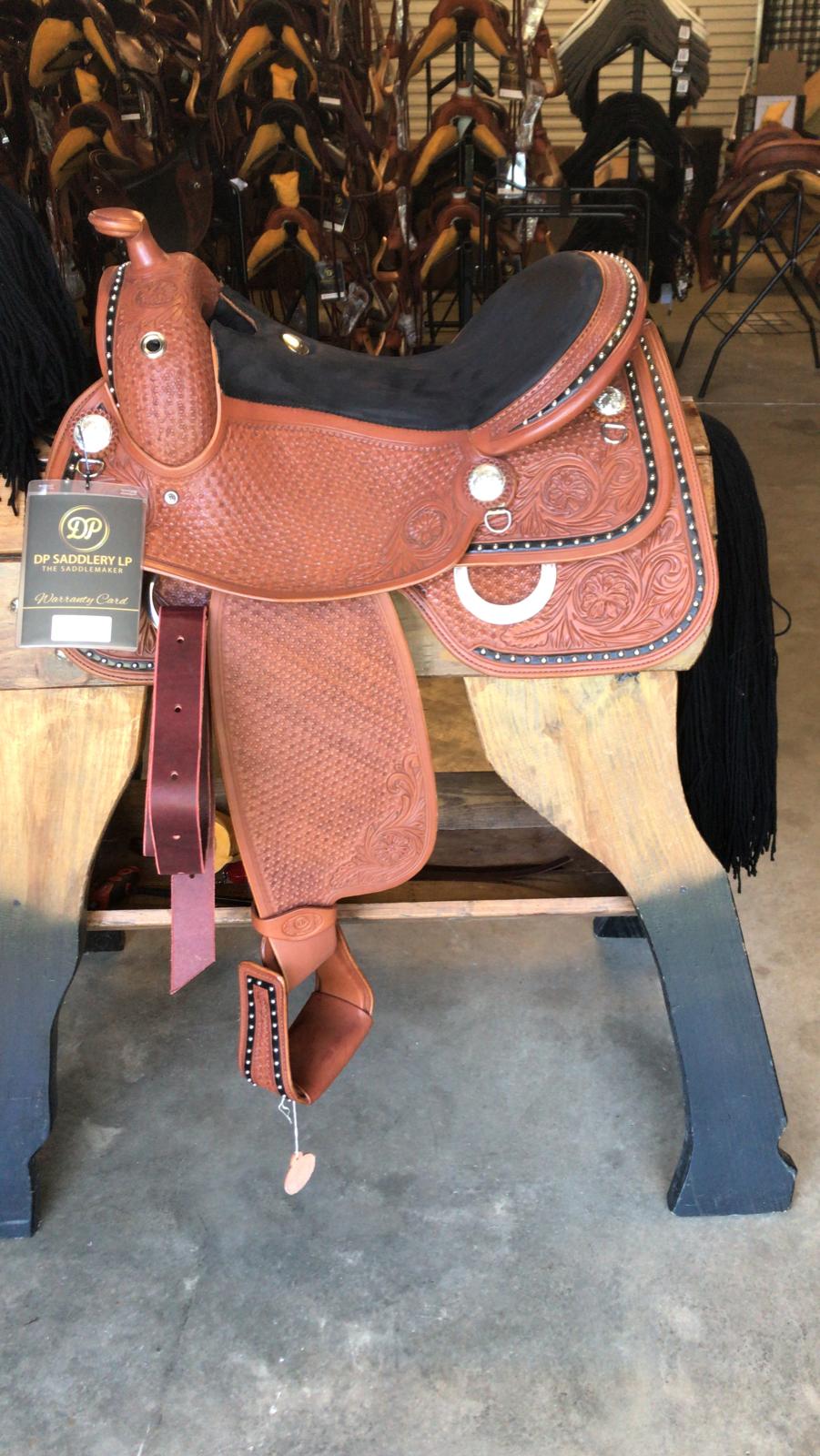 dp saddlery flex fit dp equitation trainer 4442, side view on wooden saddle rack 